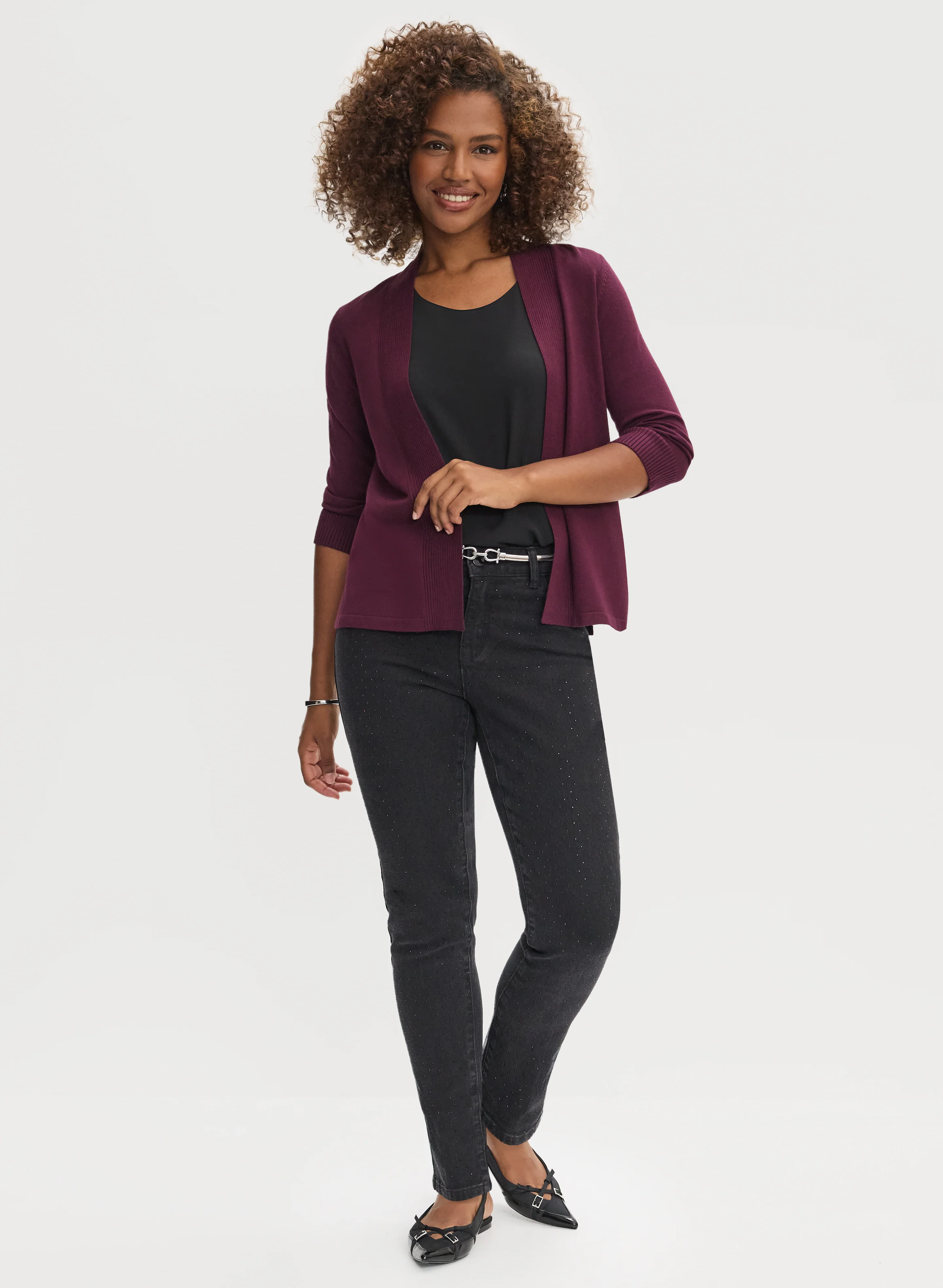 Pointelle Stitch Cardigan & Rhinestone Detail Jeans
