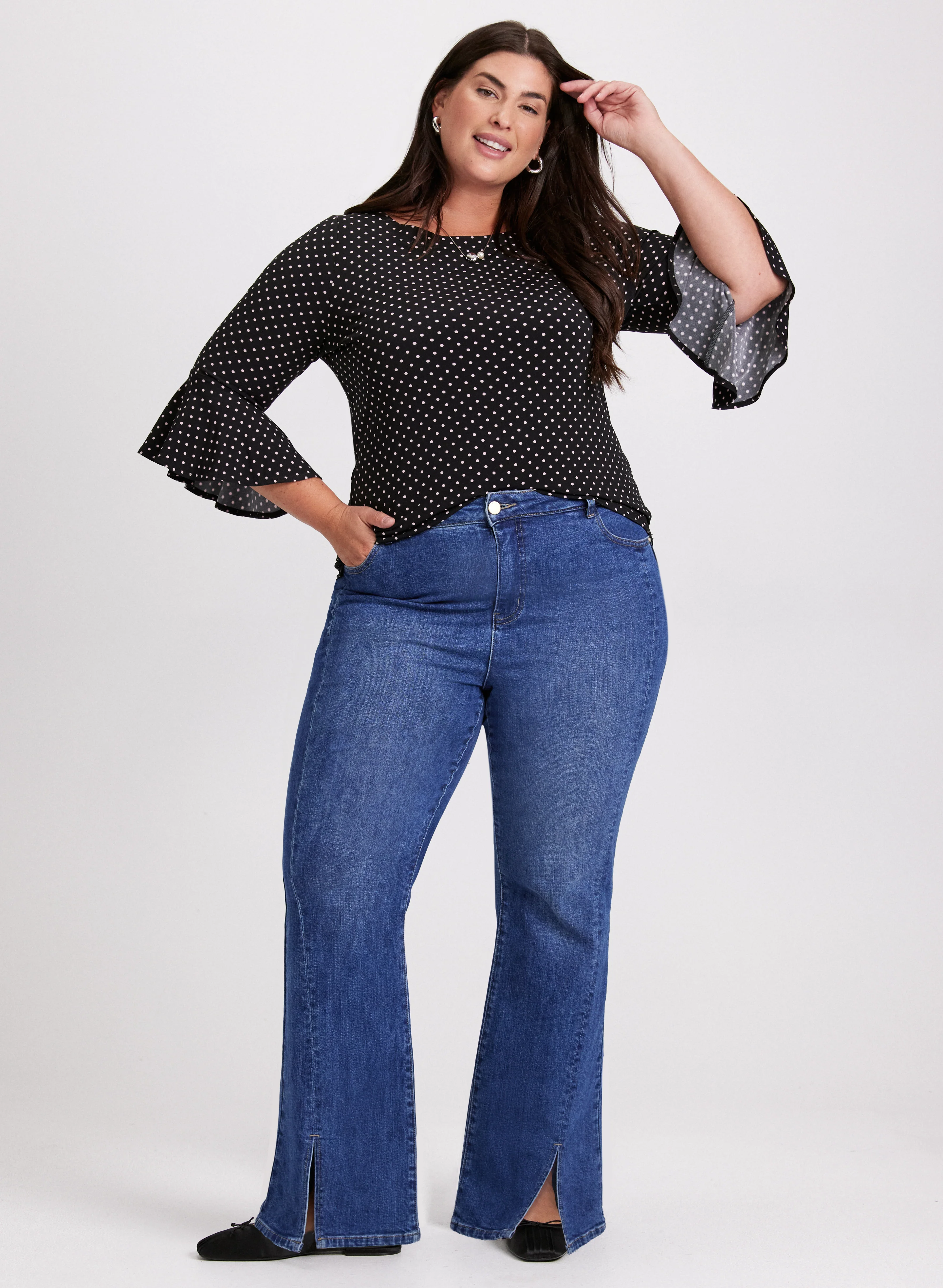 Polka Dot Flutter Sleeve Top & Flared Leg Jeans