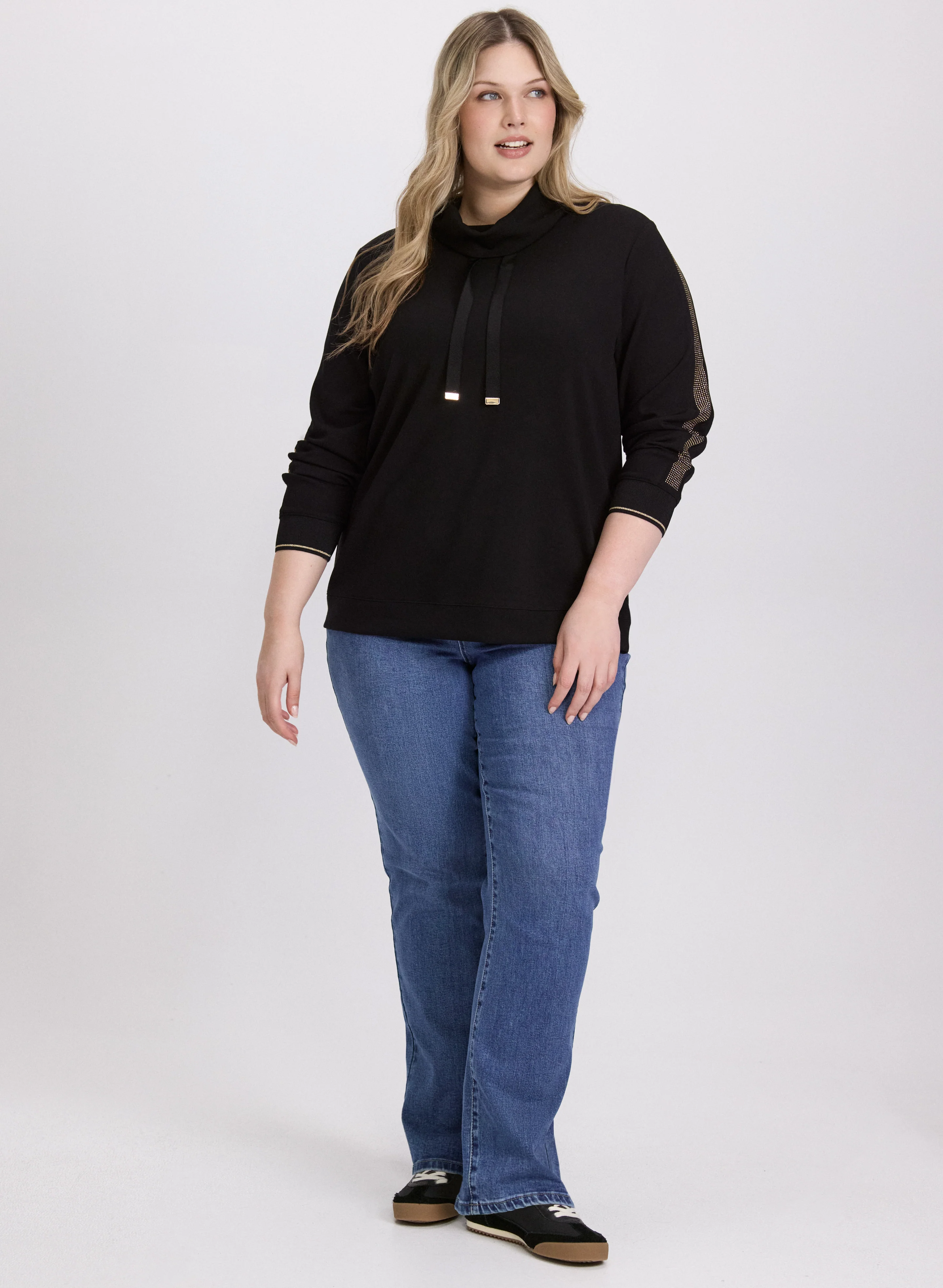 Rhinestone Sleeve Top & Straight-Leg Jeans