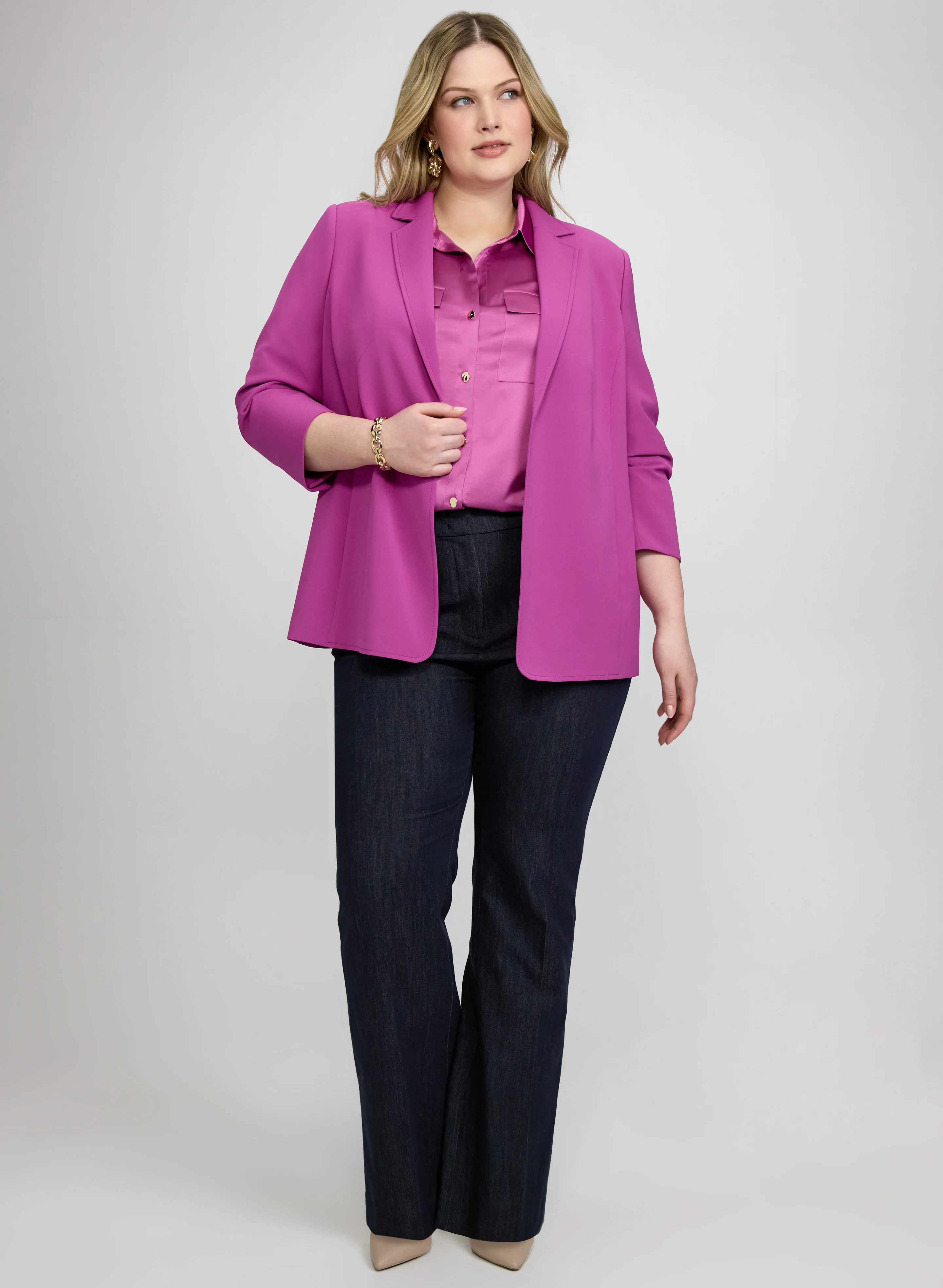 Ruched Sleeve Blazer & Flare-Leg Denim Pants