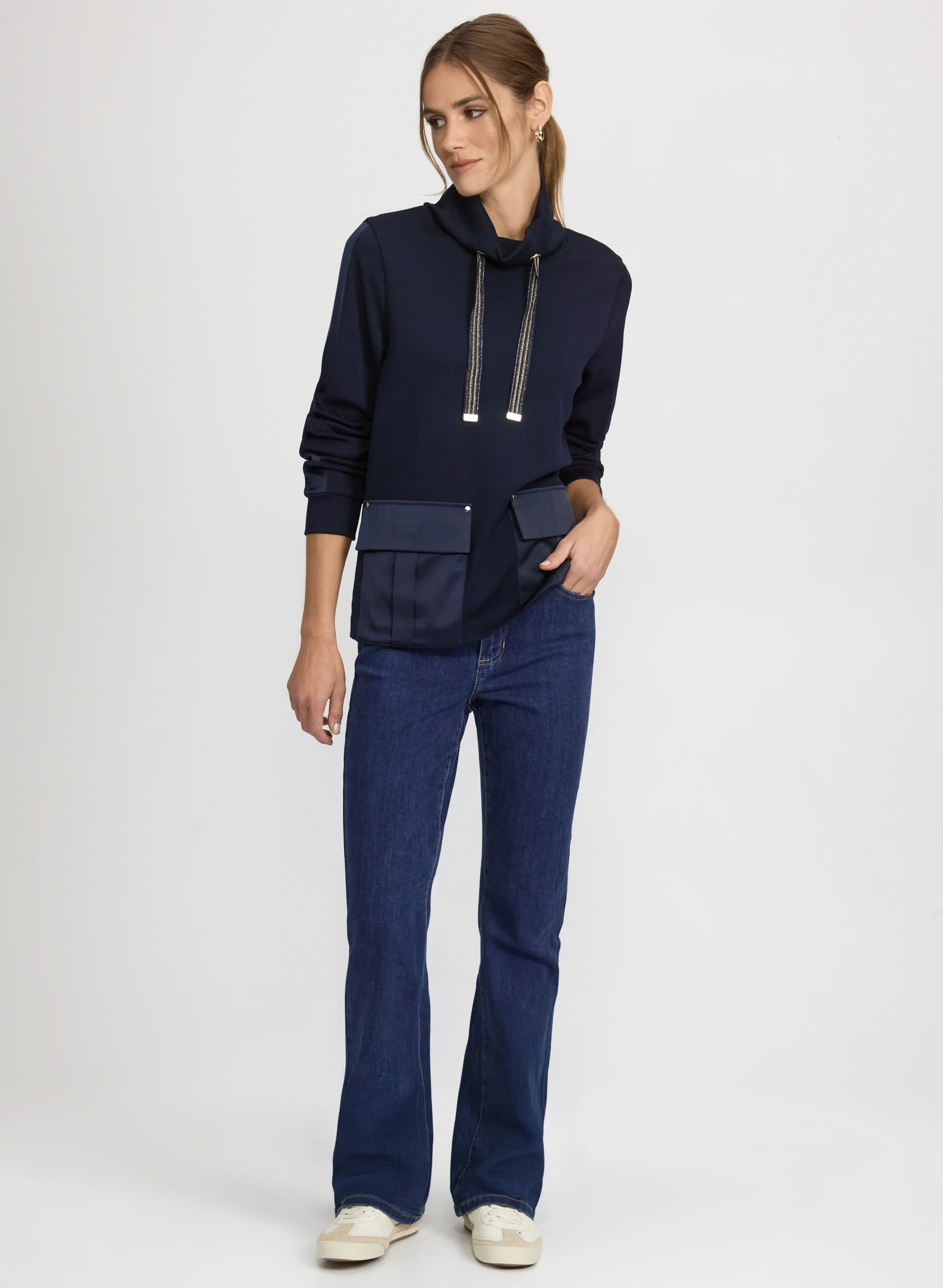 Satin Cargo Pocket Top & Flare-Leg Jeans