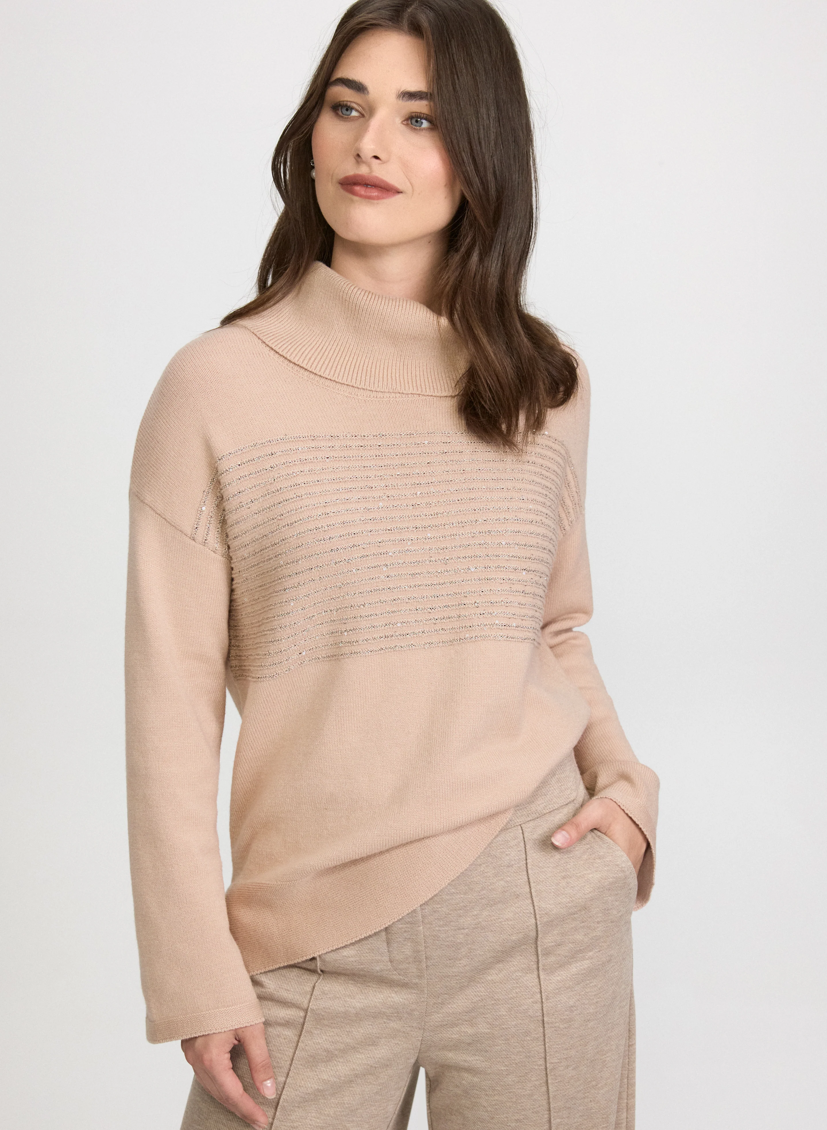 Sequin Striped Cowl Neck Sweater