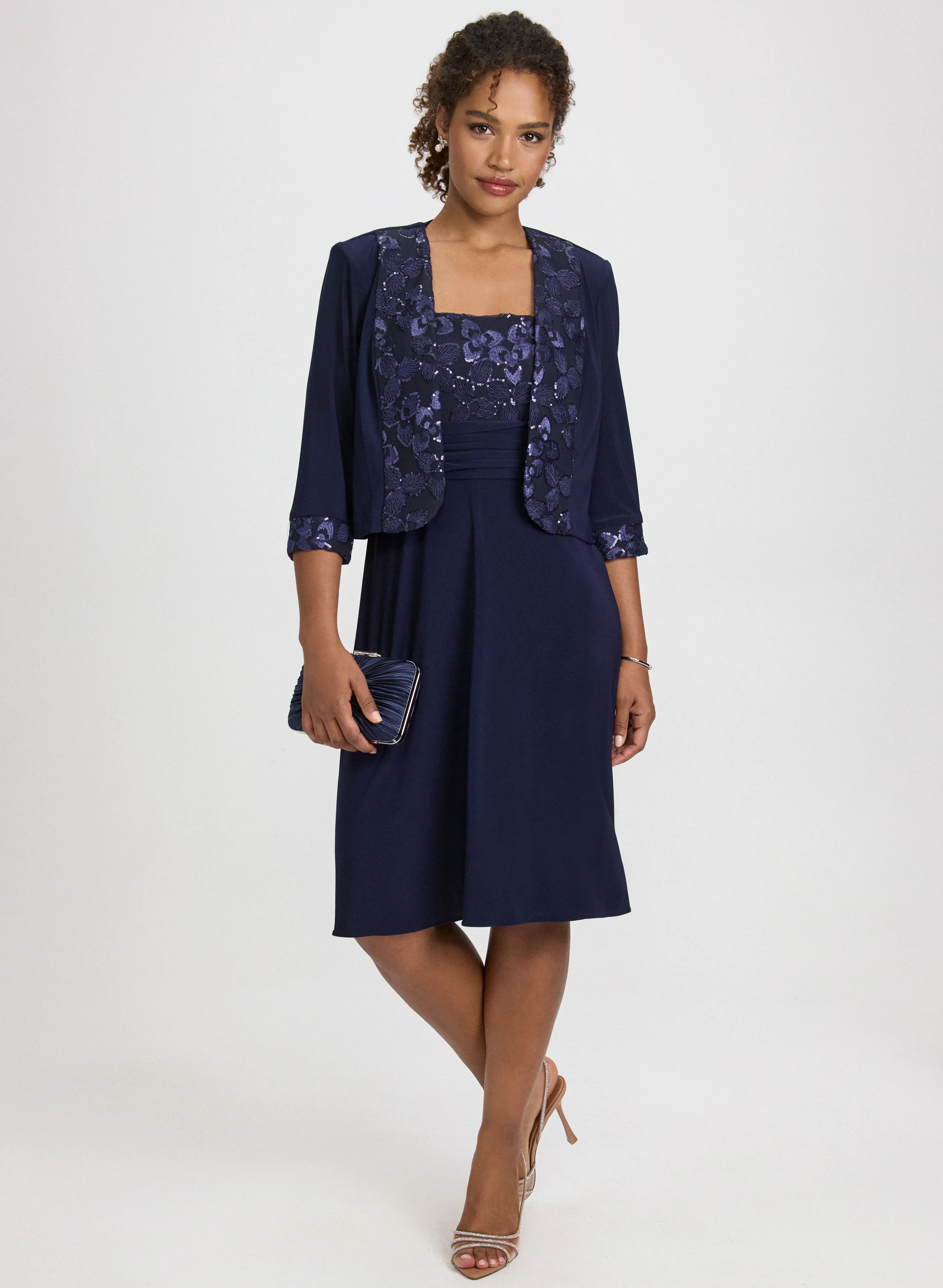 Sequined Floral Jacket & Dress Set