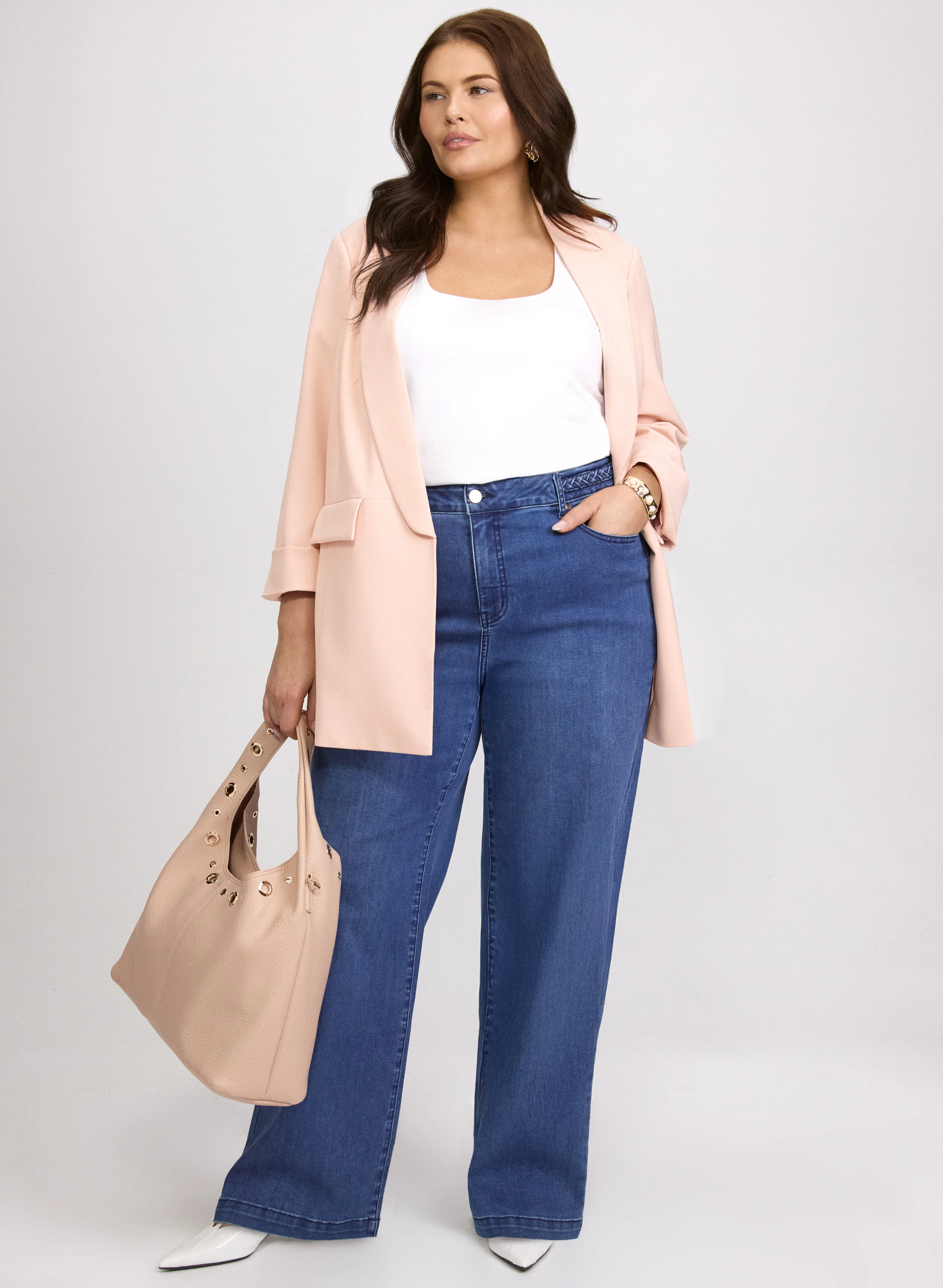 Shawl Collar Blazer & Braided Trim Wide-Leg Pants