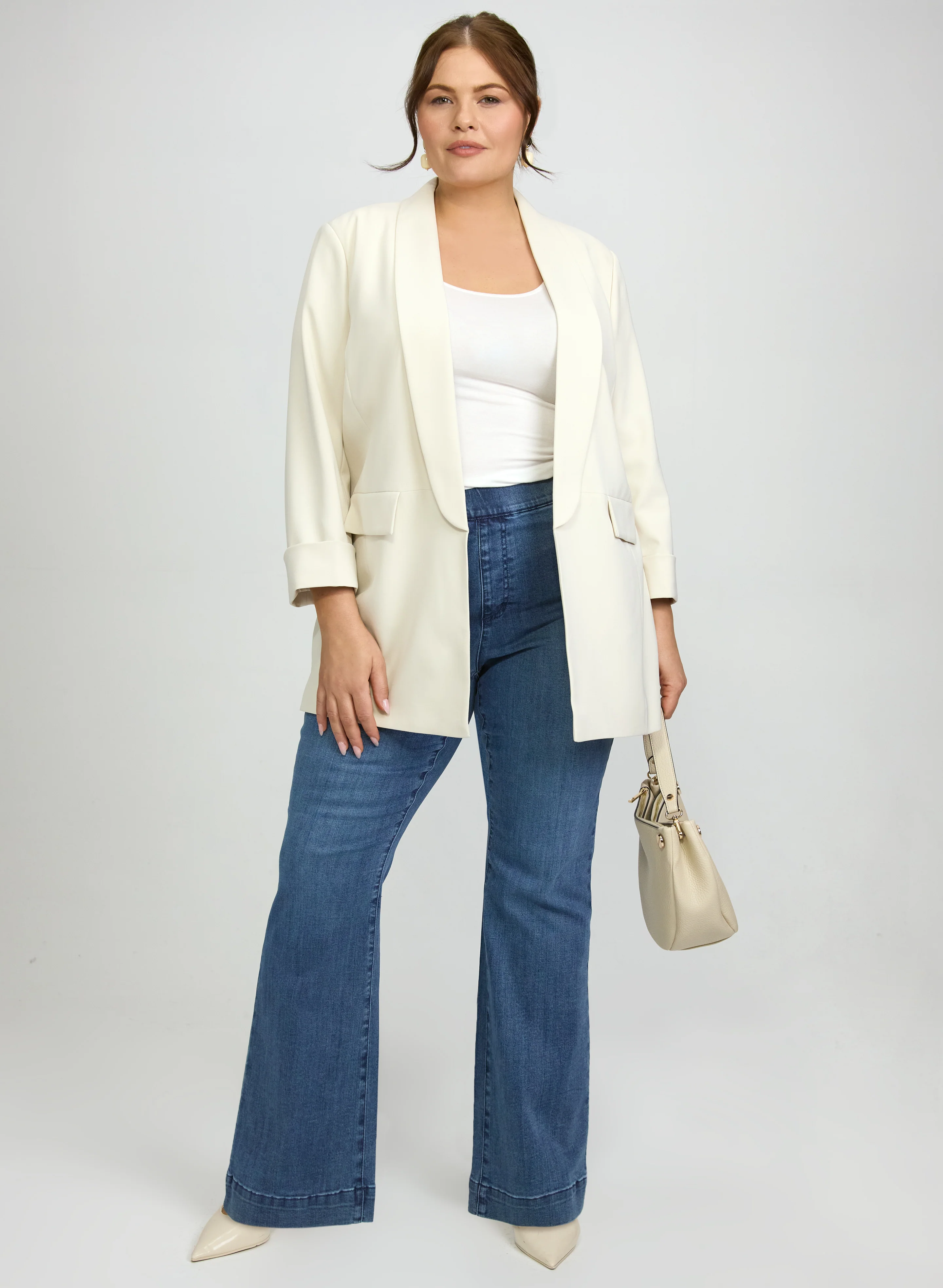 Shawl Collar Blazer & Pull-On Flare-Leg Jeans