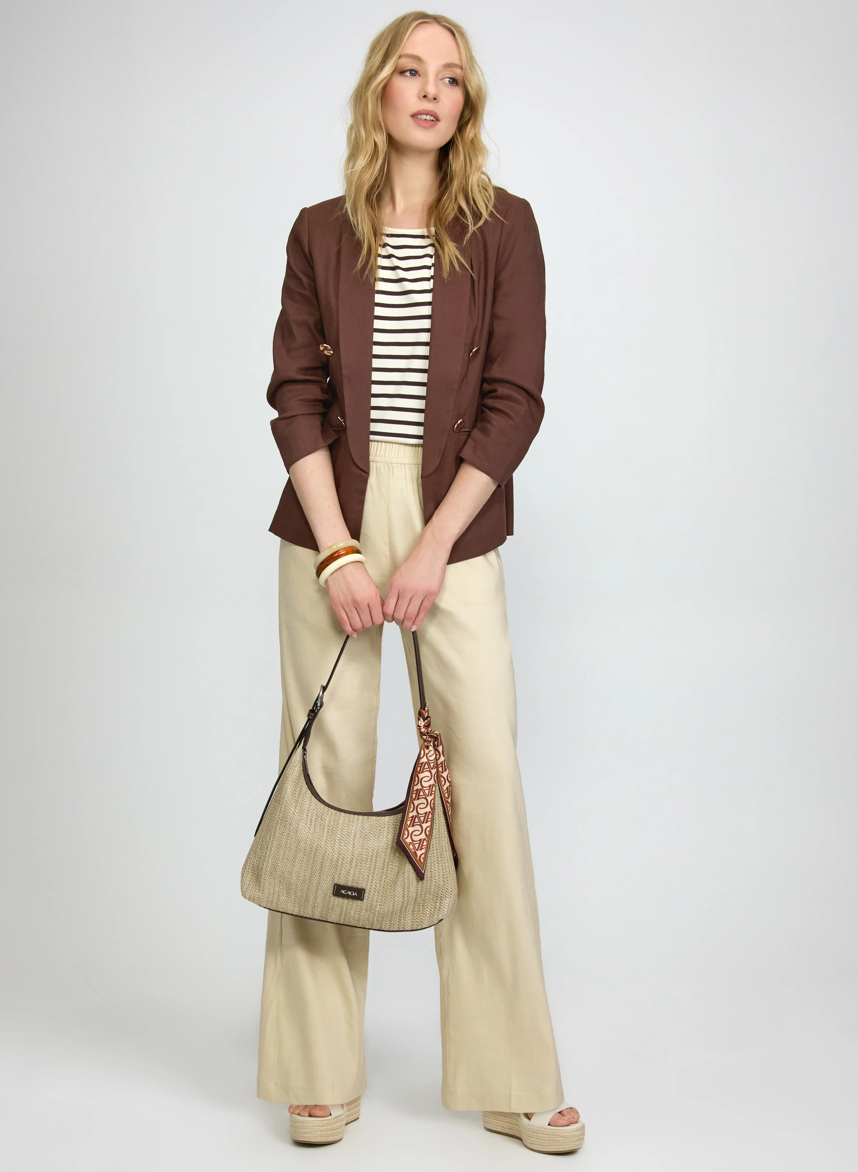 Shawl Collar Jacket & Linen-Blend Wide-Leg Pants