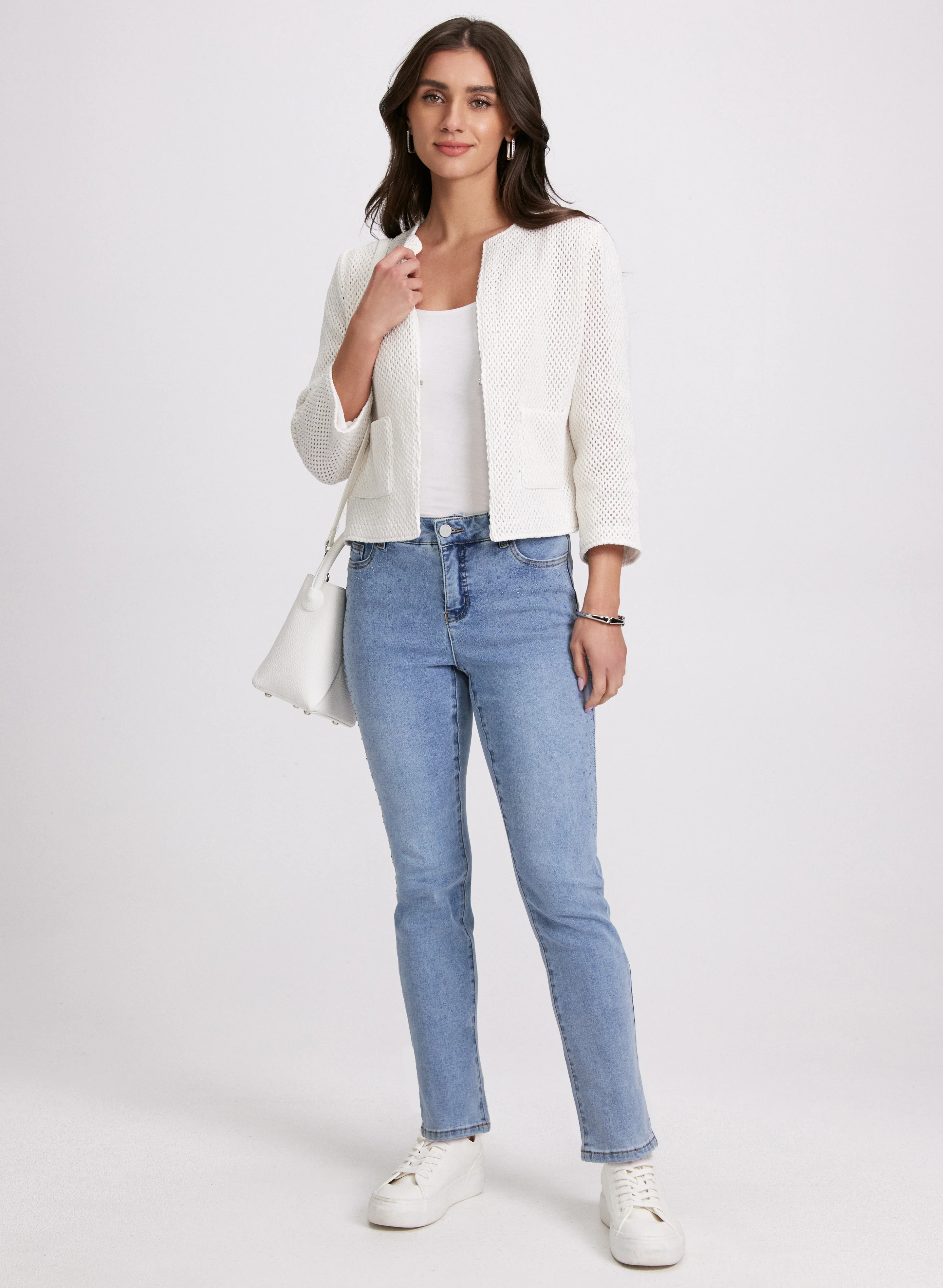 Short Crochet Jacket & Tonal Stone Embellished Straight-Leg Jeans