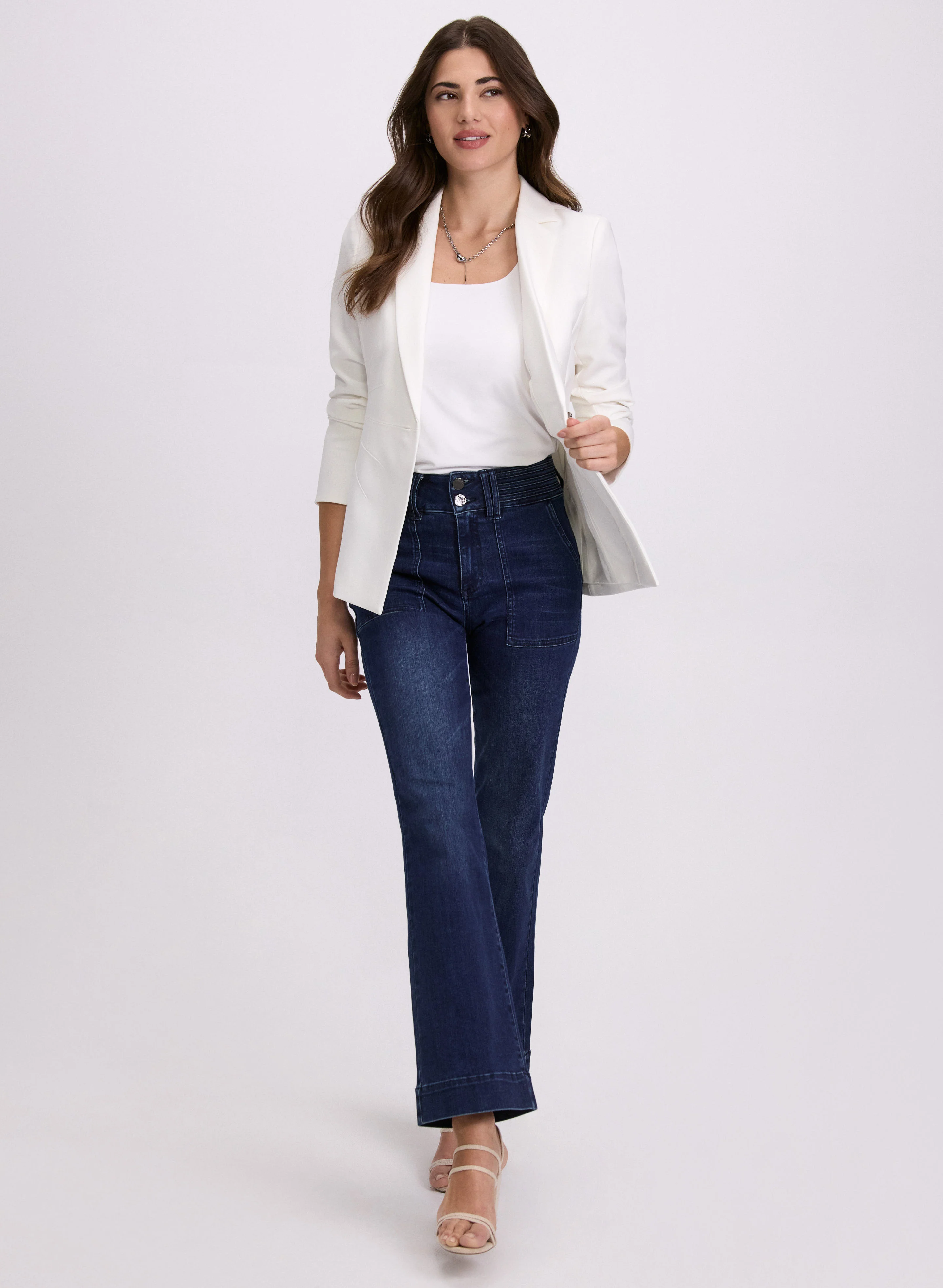 Single-Button Blazer & Flare Leg Jeans