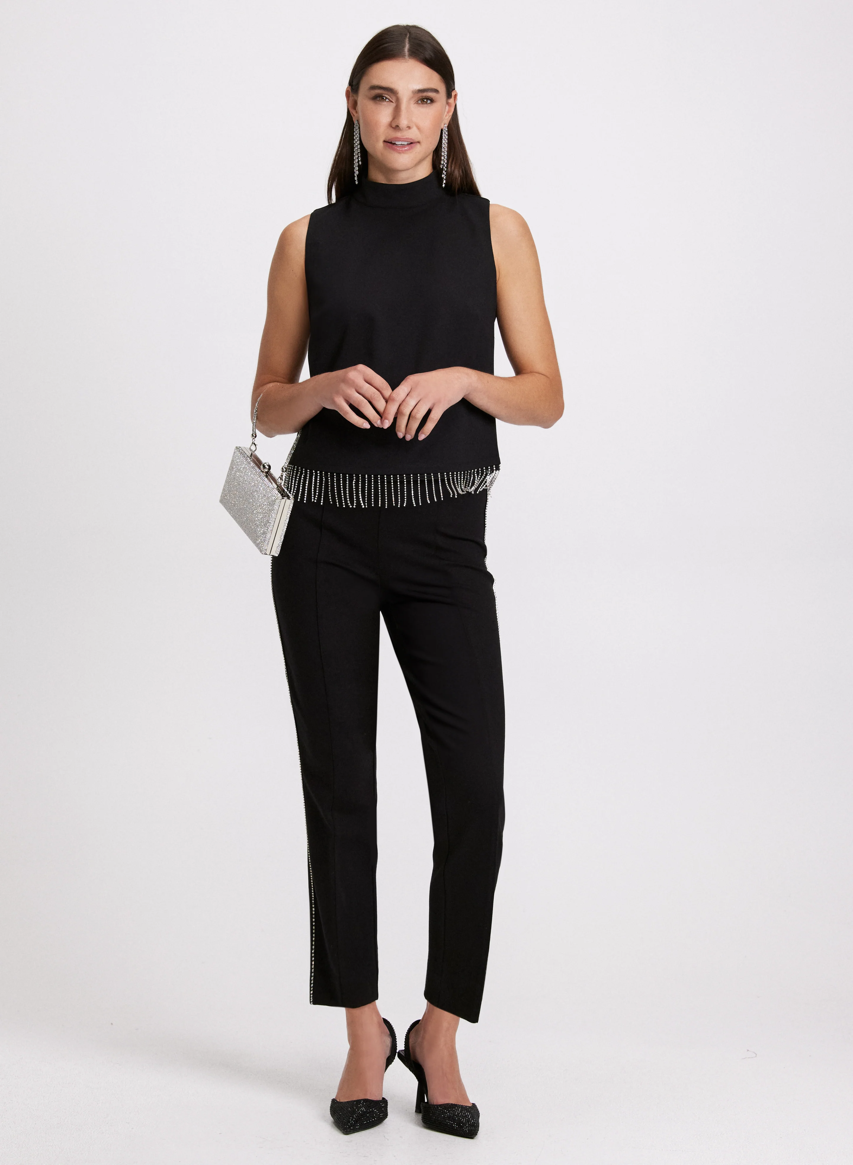 Sleeveless Rhinestone Top & Sophia Rhinestone Trim Slim-Leg Pants