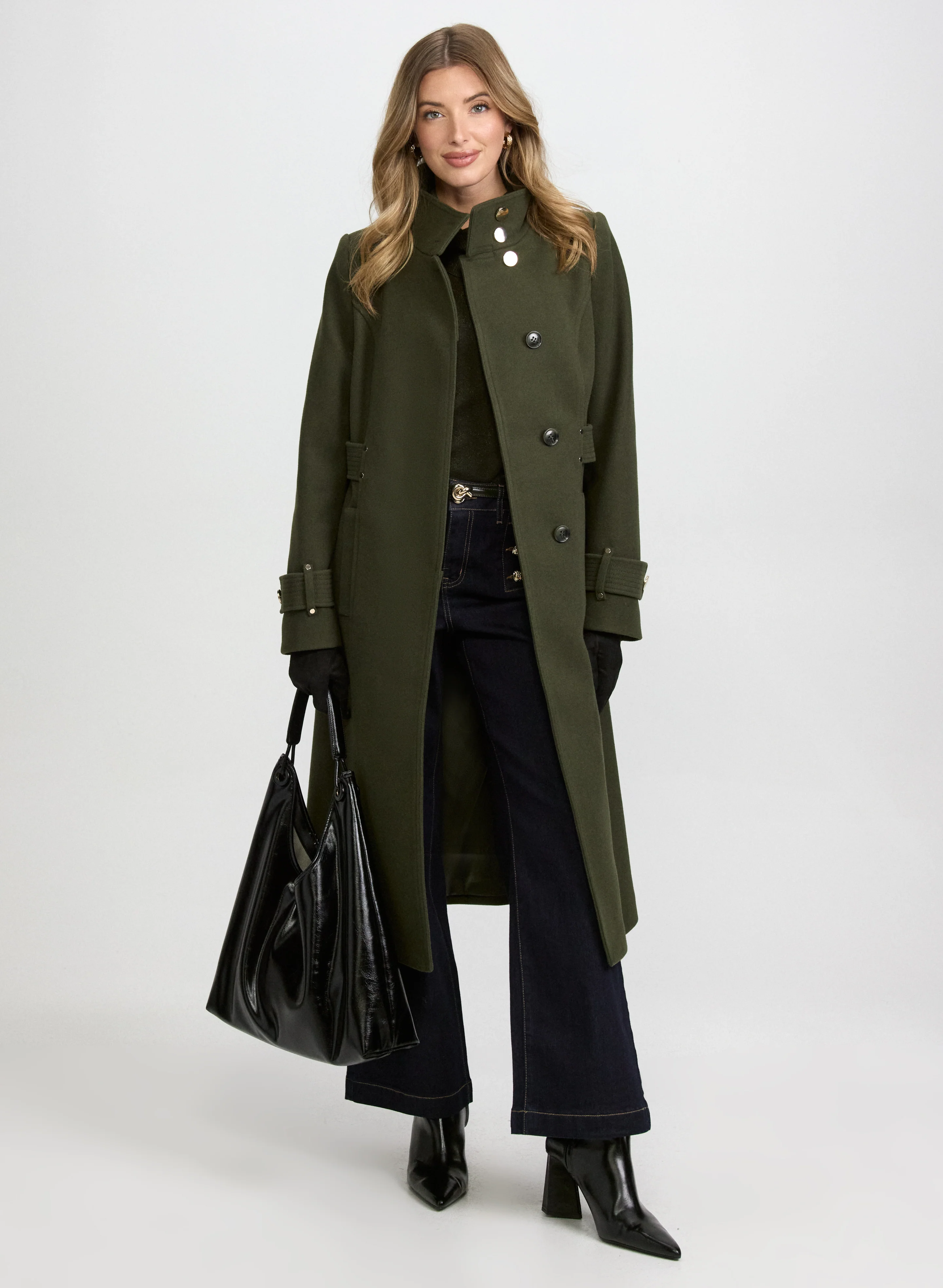 Stand Collar Wool-Blend Coat & Embossed Button Detail Jeans