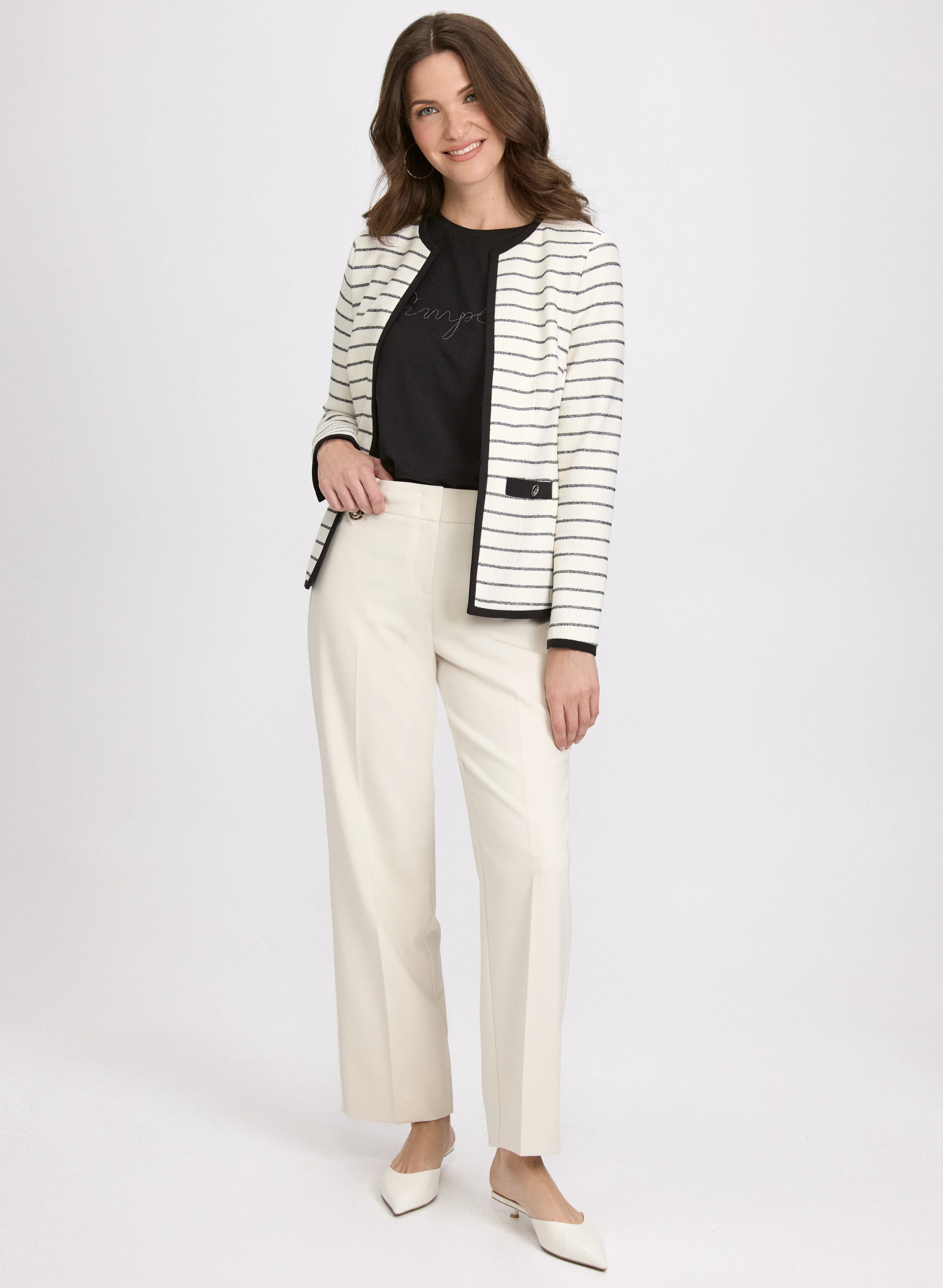 Striped Contrast Trim Jacket & Olivia Pull-On Wide-Leg Pants