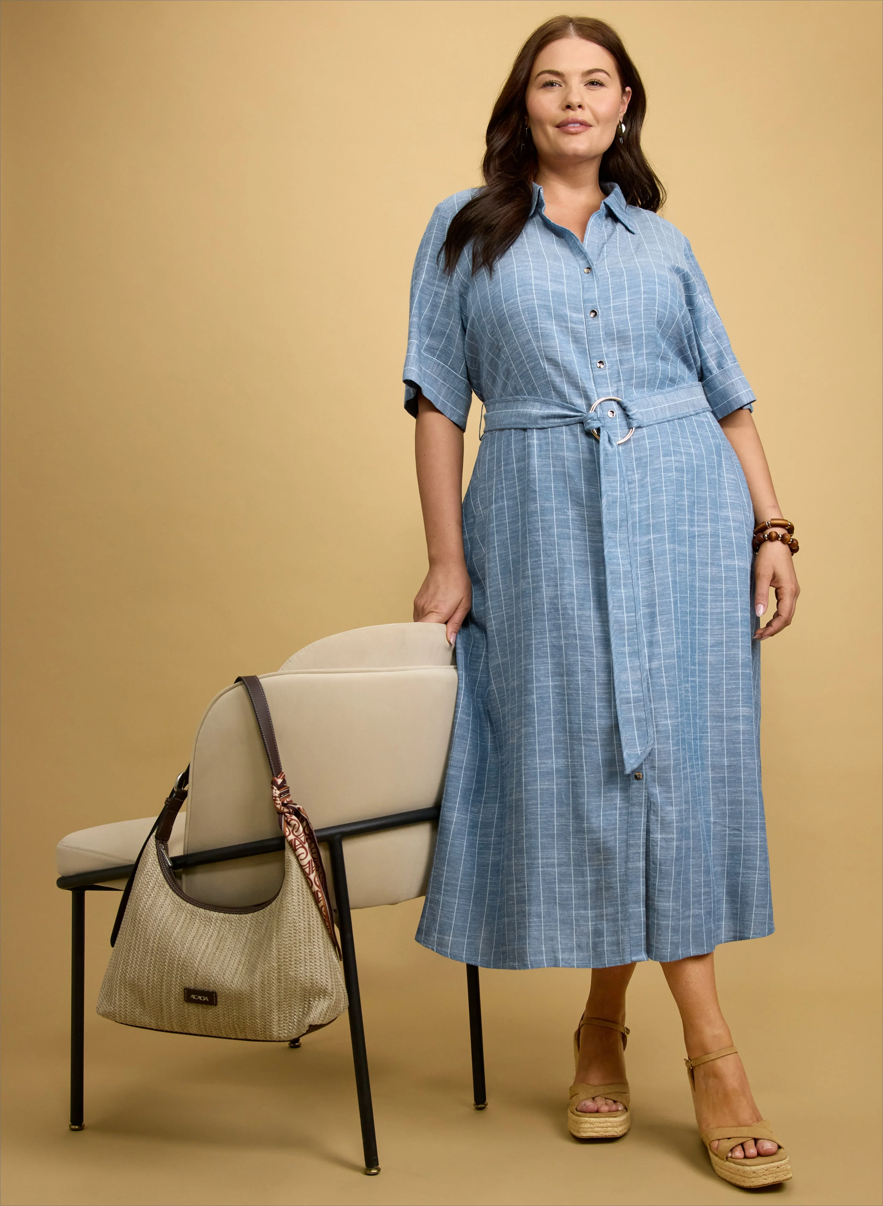 Striped Linen-Blend Shirt Dress & Straw Handbag