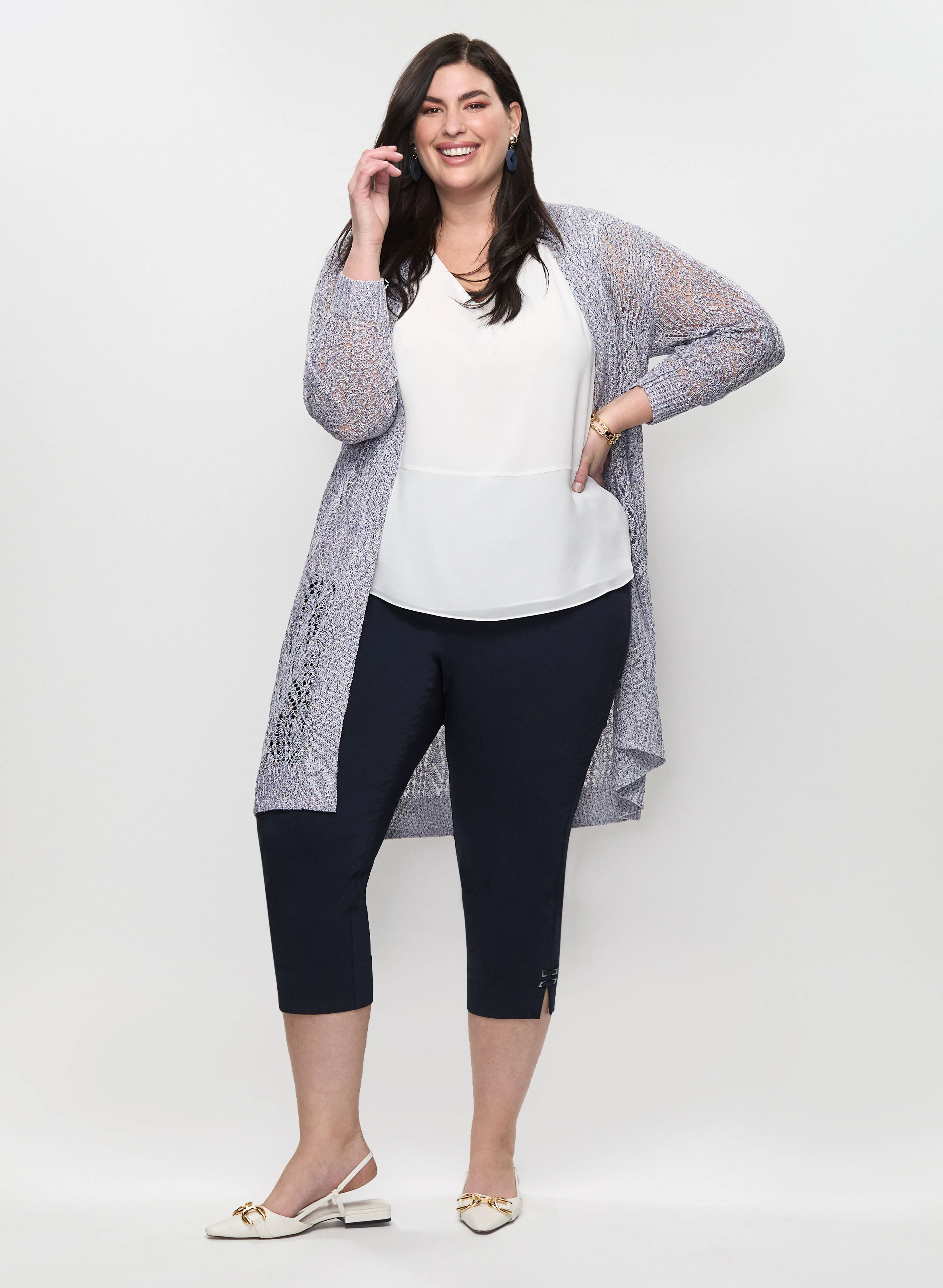 Textured Open-Knit Cardigan & Bengaline Capris