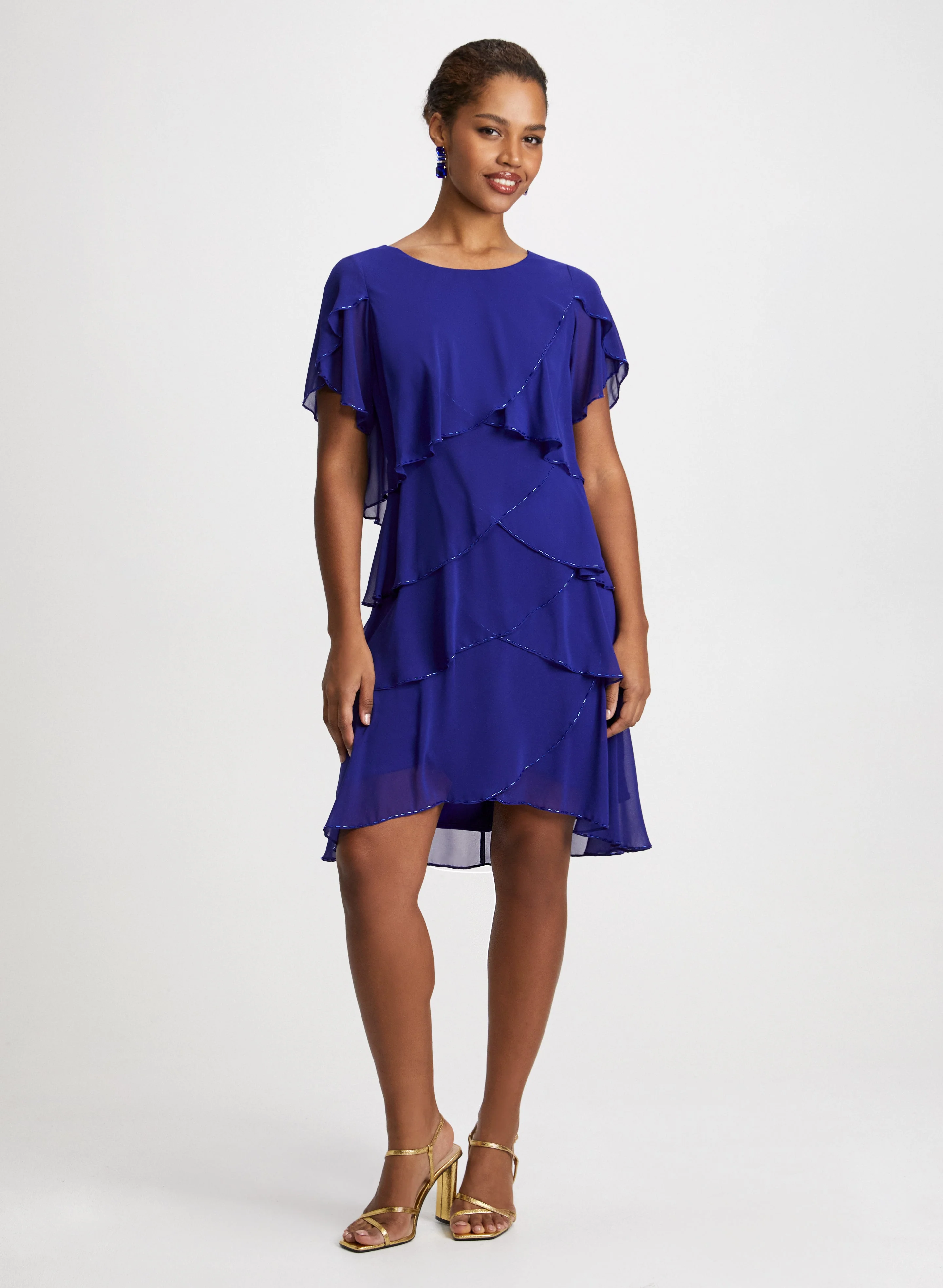 Tiered Flutter Sleeve Dress & Linear Stone Earrings