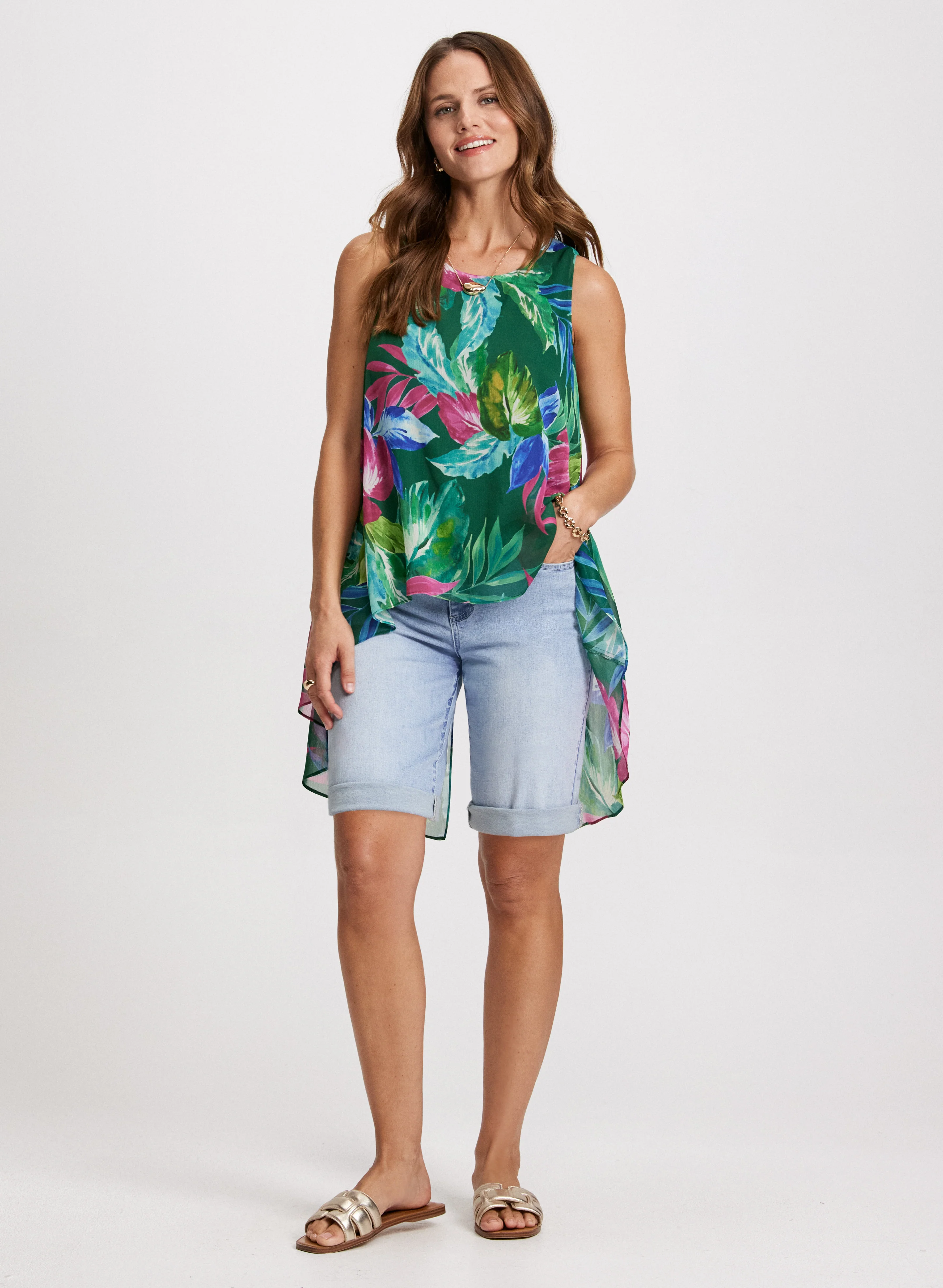 Tropical Blouse & Denim Bermuda Shorts