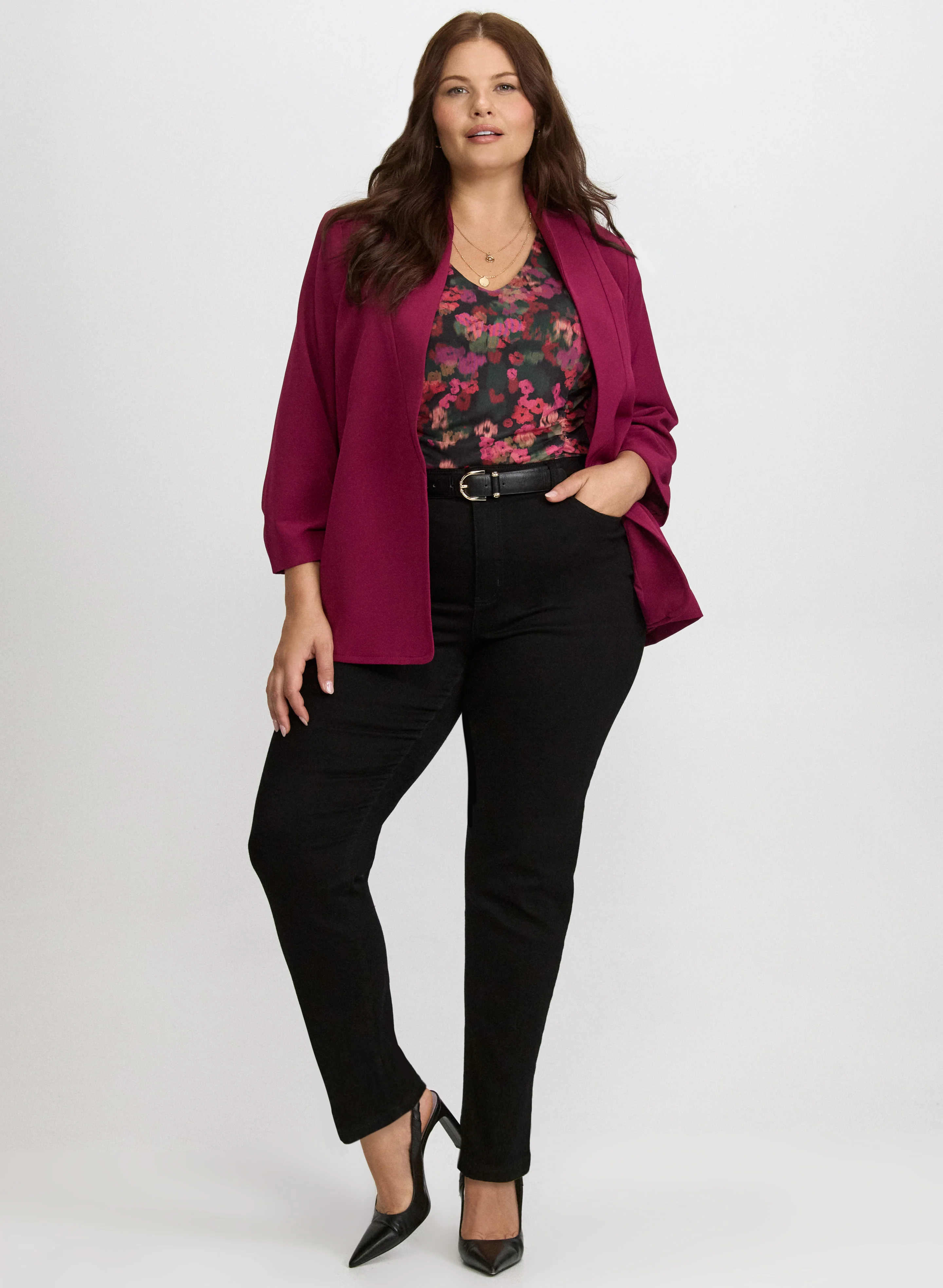 Twill 3/4 Sleeve Blazer & Slim-Leg Jeans