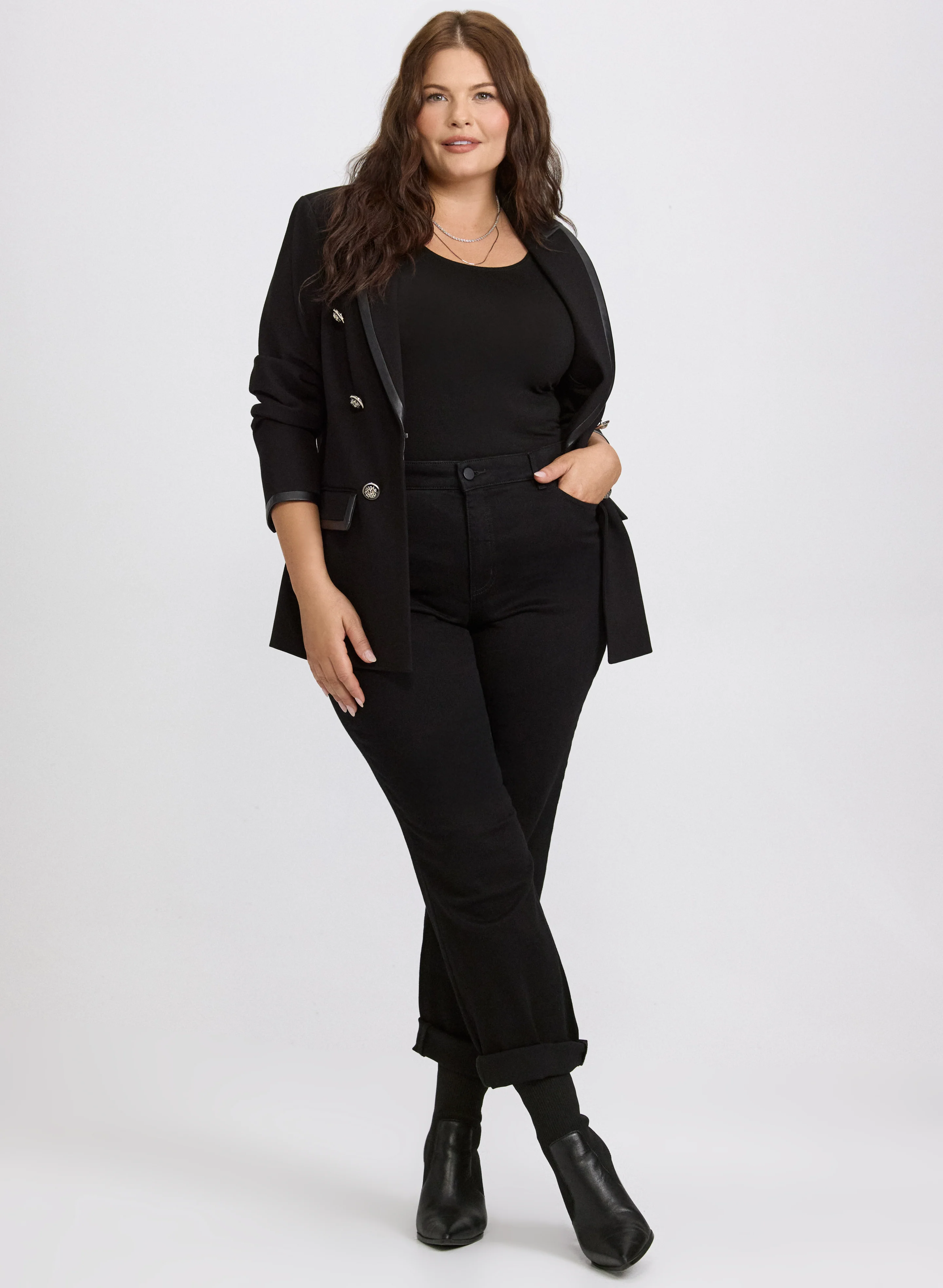 Vegan Leather Trim Blazer & Straight-Leg Jeans