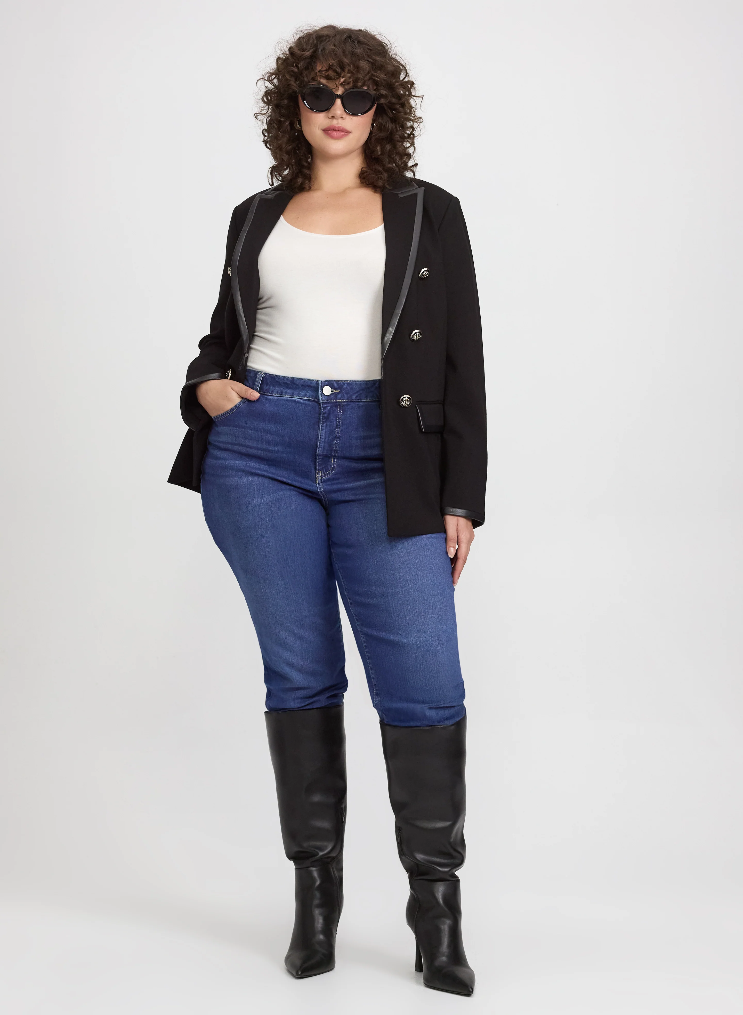 Vegan Leather Trim Blazer & Straight-Leg Jeans