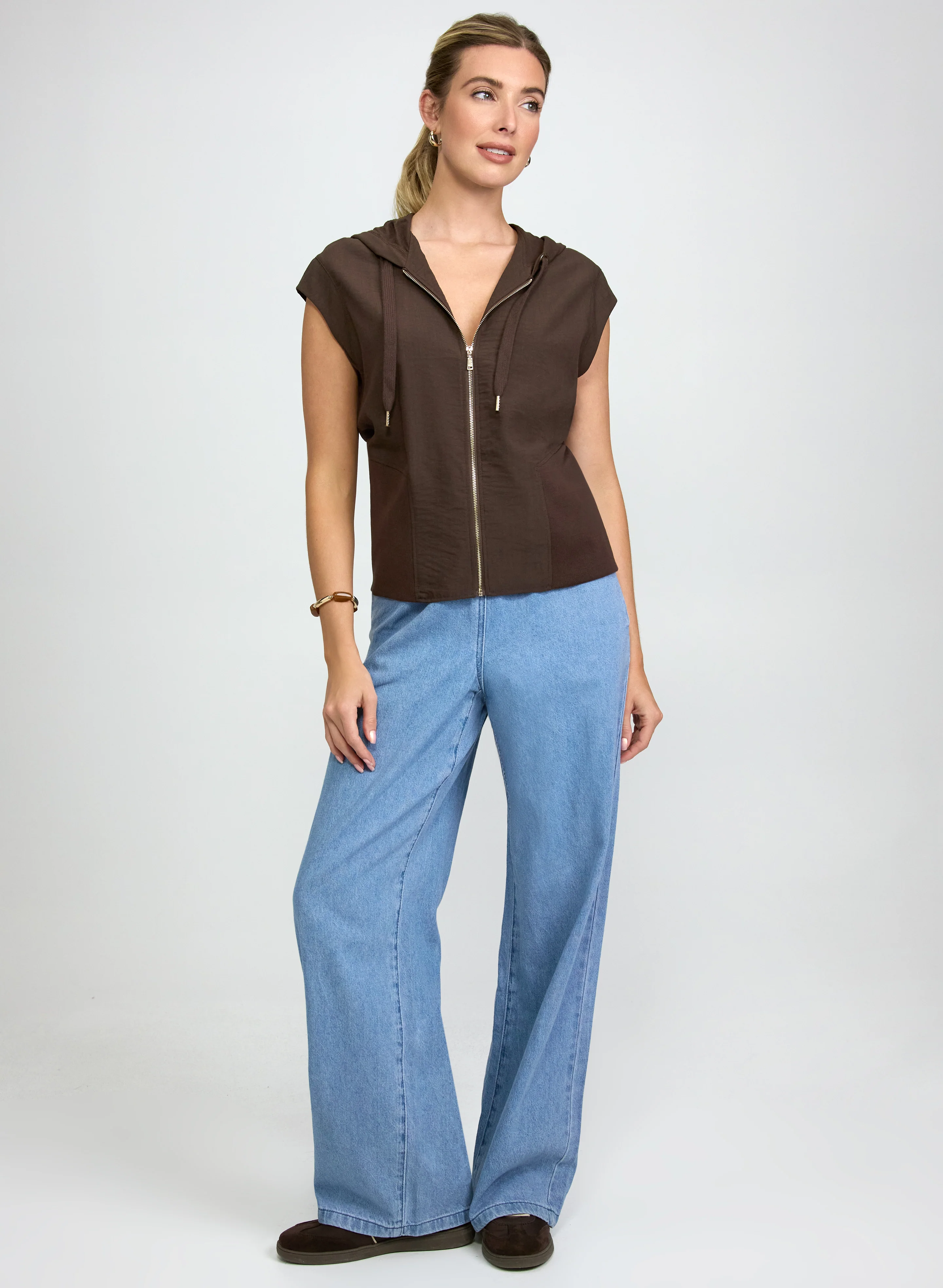 Zip Front Hooded Top & Drawstring Wide-Leg Jeans