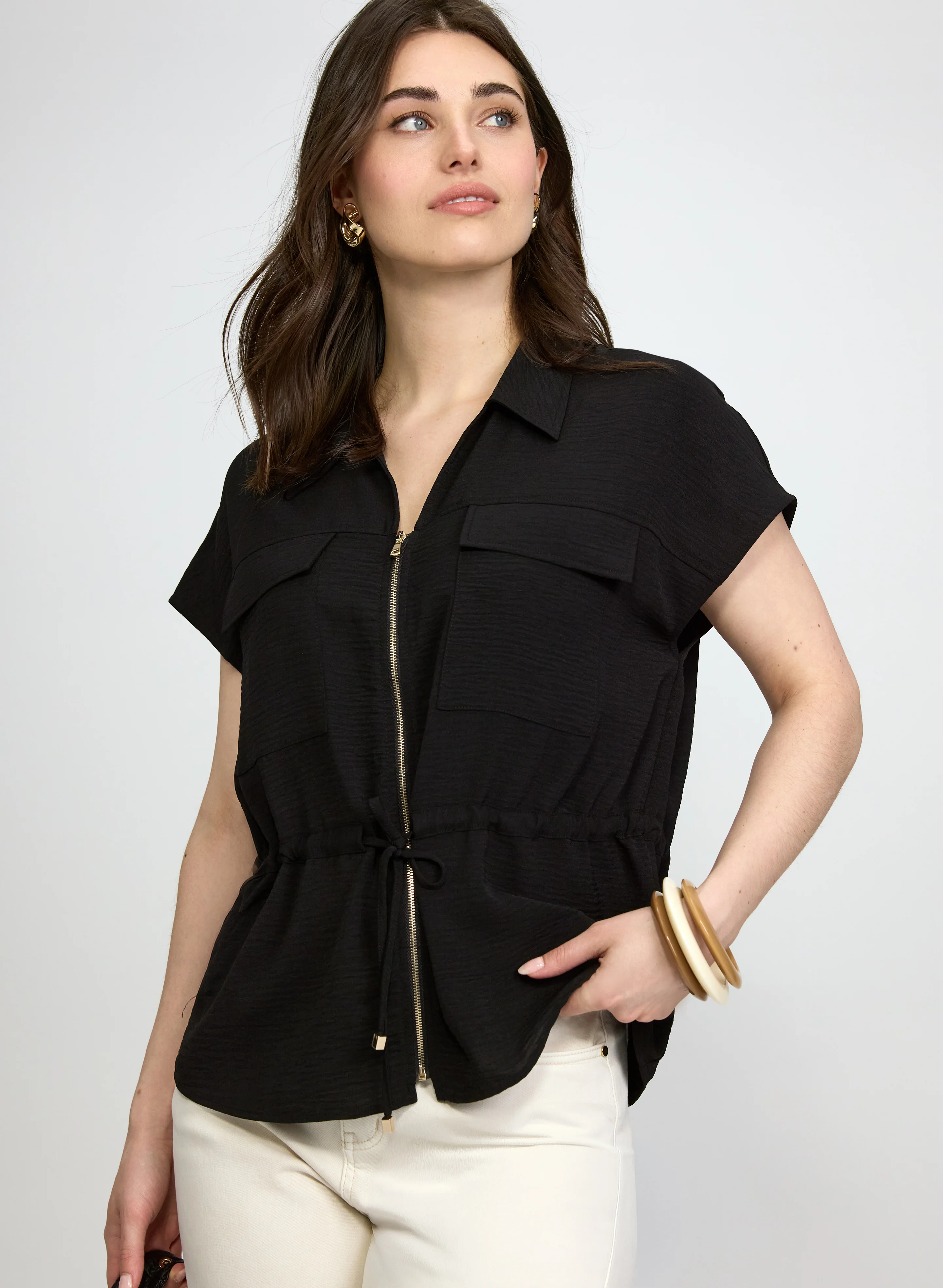 Zip-Up Drawstring Blouse