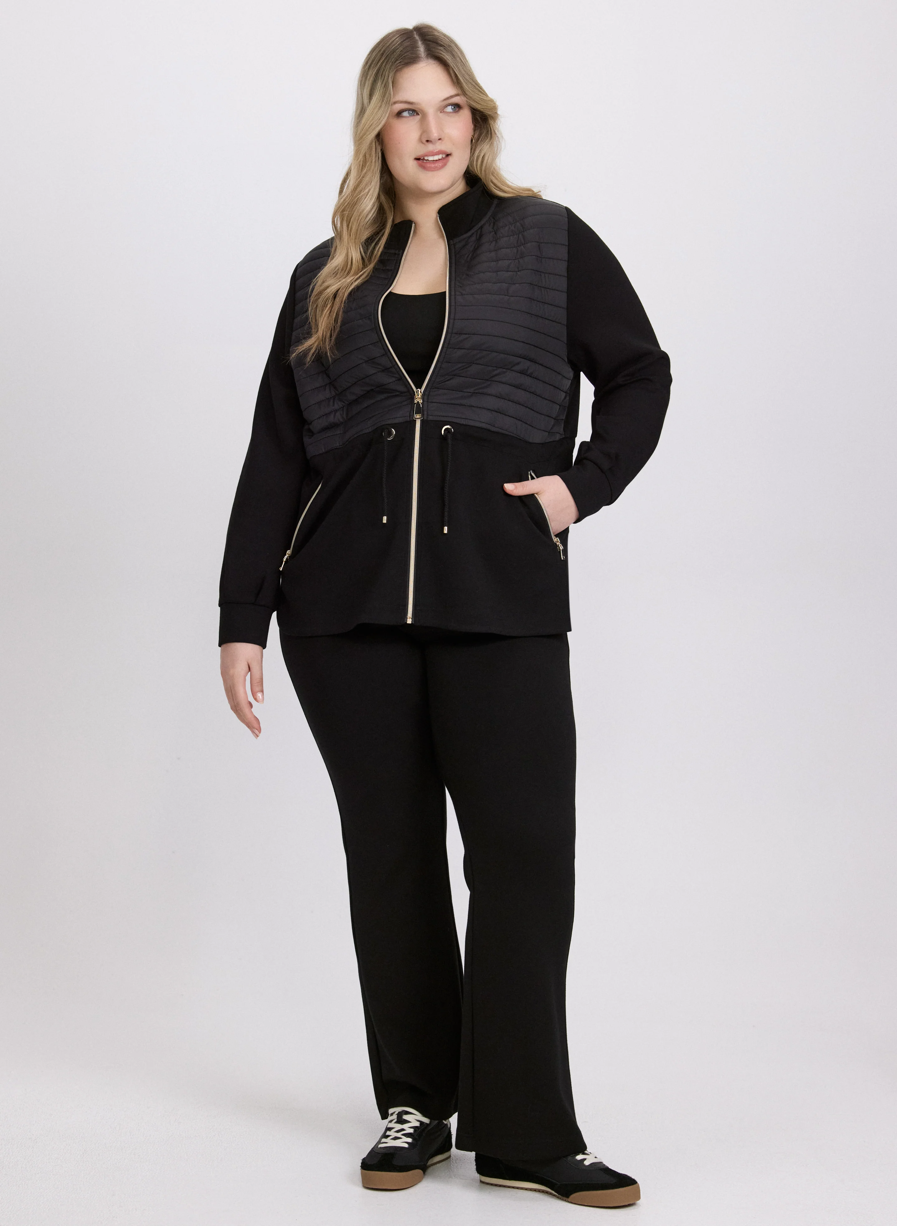 Zip-Up Nylon Detail Top & Flare-Leg Scuba Pants